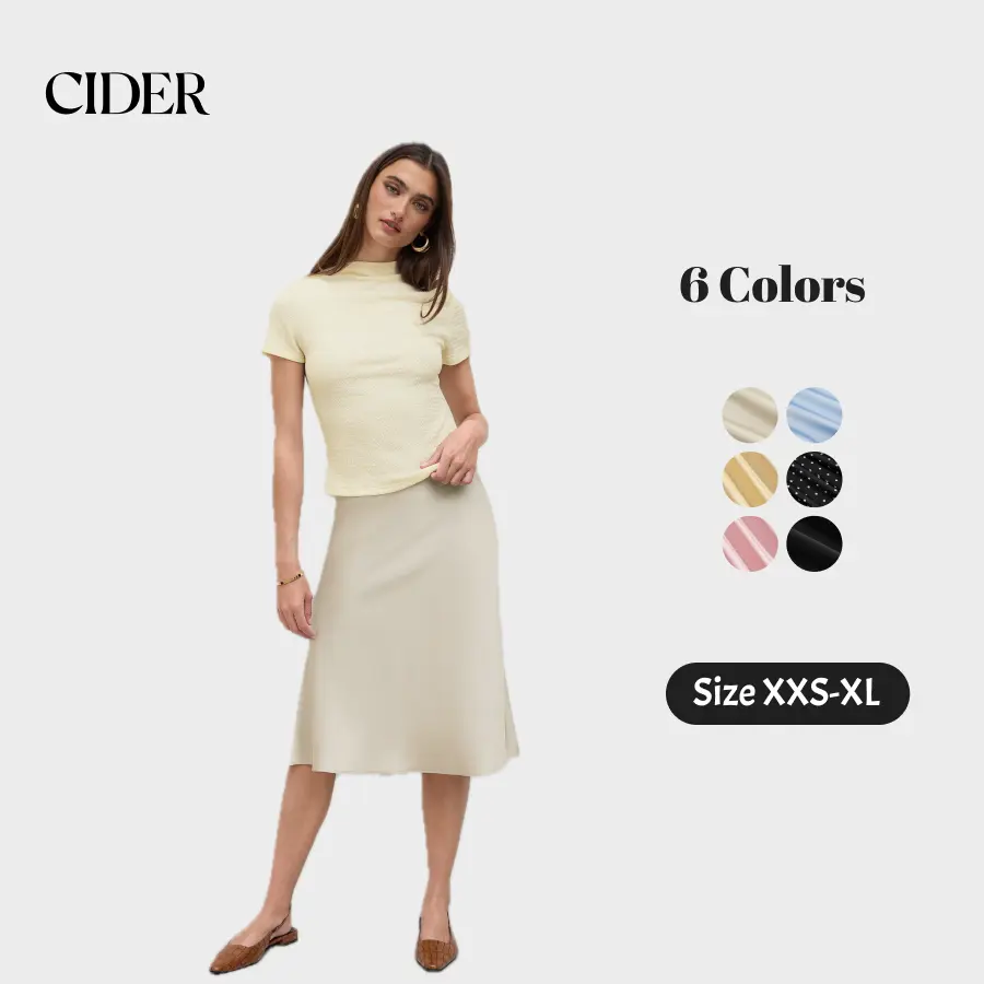 Cider Women's Elegant Satin High Rise Midi Skirt, Fitted Bottoms with an Asymmetrical Ruffle Trim, Elegant Look