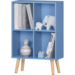 4 Cube Bookshelf, Blue Small  Book Shelf with Cubby Storage,Wooden Modern Bookcase with ,2 Tier Freestanding Display Book Case Organizer,Bookshelves for Office,,Playroom