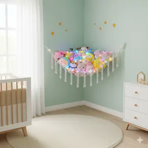 Stuffed Animal Hammock with LED Light, Toy Hammock for Stuffed Animals Storage for Kids Room Decor, Stuffed Animal Hammock Corner, White