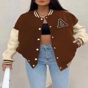 Women'S Casual Long Sleeve Baseball Jacket with "A" Letter Detail - Black & Beige Two-Tone Design, Button-Up Front, Flap Pockets, Fall/Winter Fashion Outerwear, Autumn Winter Apparel | Buttonup Functional Pockets