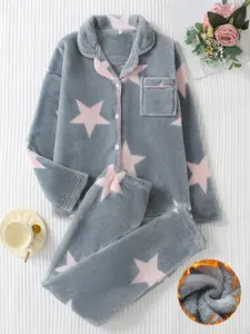【clearance sale】Two-piece elegant flannel warm and thick ladies' pajamas set, featuring  long-sleeved button-up top and comfortable pants, a plush homewear set