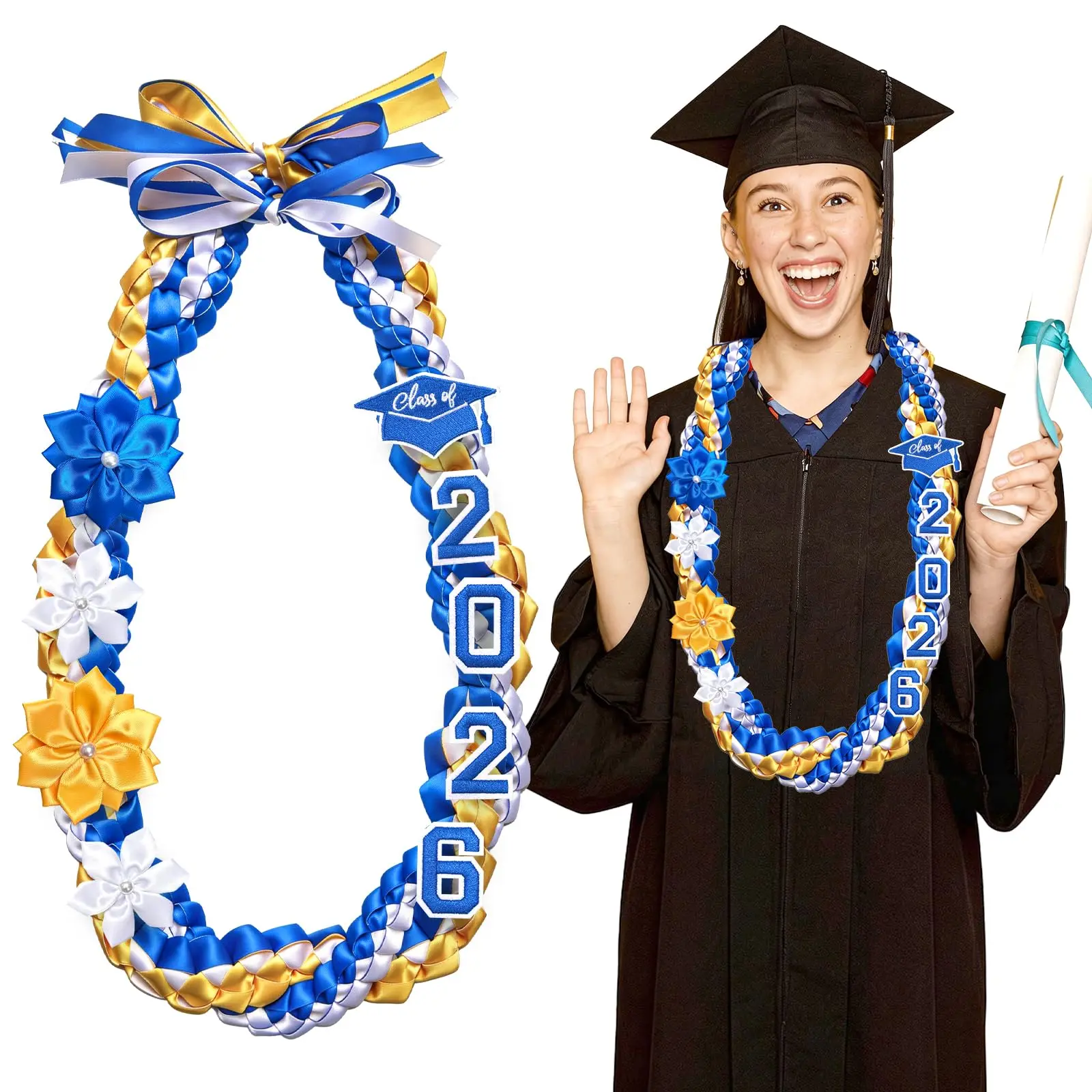 50" Graduation Leis Class of 2026 - Handmade Double Braided Graduation Ribbon Leis with Satin Flowers for Men Women Graduation Ceremony Congrats Grad Gifts Party Supplies, Decor, Comfortable
