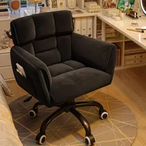 Pink Modern Desk Chair with Wheels, Adjustable Height Upholstered Home Office Chair with Backrest, Armrests & Side Pockets, Vanity Chair for Bedroom Makeup Room