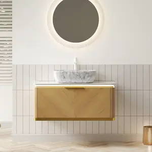 DIPA 36" Bathroom Vanity & Sink, Floating Plywood Storage Cabinet, Twill Drawer with Handle & Sensor Light, Marble Pattern Ceramic Vessel Basin & Sintered Stone Top, Pre-assembled, Corolla Oak Woodgrain