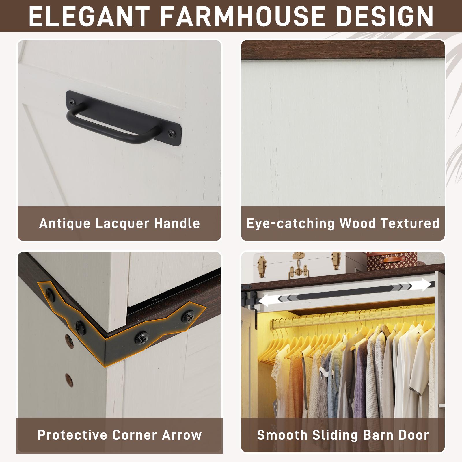 Farmhouse 6 Doors/4 Doors/3 Doors Armoire Wardrobe Closet w/Folding Sliding Barn Door and Lights, LED Armoire Closet w/Drawers for Bedroom, Freestanding Wooden Wardrobe Storage Closets w/Hanging Rod (Antique White/Rustic Brown/Black) Farmhouse 6 Doors/4 Doors/3 Doors Armoire Wardrobe Closet w/Folding Sliding Barn Door and Lights, LED Armoire Closet w/Drawers for Bedroom, Freestanding Wooden Wardrobe Storage Closets w/Hanging Rod (Antique White/Rustic Brown/Black)