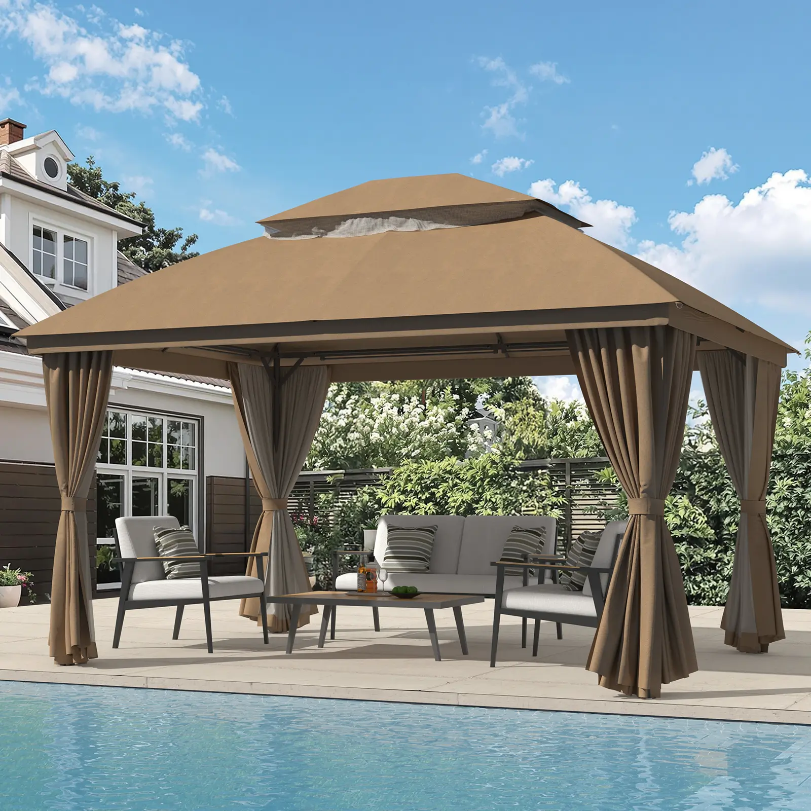 Outdoor Gazebo 10×13 FT for Patio, Metal Frame Canopy with Double Roofs, Heavy Duty Party Tent with Mosquito Netting and Curtains for Backyard, Garden, Lawn and Deck, Coffee, Grey