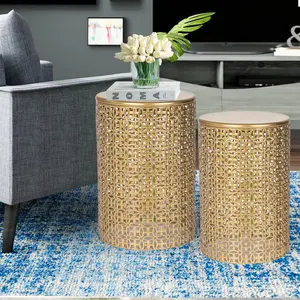 Adeco  Gold Nesting Round Side End Tables Set of 2- Coffee Tea Table Mid Century Night Stands for Living Room Bedroom Outdoor (Gold Coin Style)