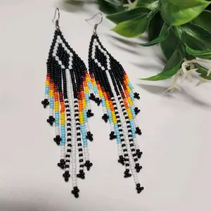 Native American Beaded Earrings with Black, White, and Multicolor Beads, Featuring Intricate Patterns and Traditional Design