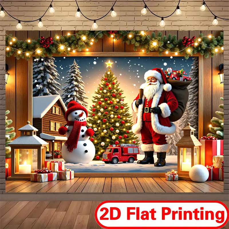 Festive Christmas Tree Santa Scene Backdrop Tapestry, 100% Premium Polyester Party Decorations, Durable, Vibrant 2D Flat Printing Banner for Wedding Studio Use