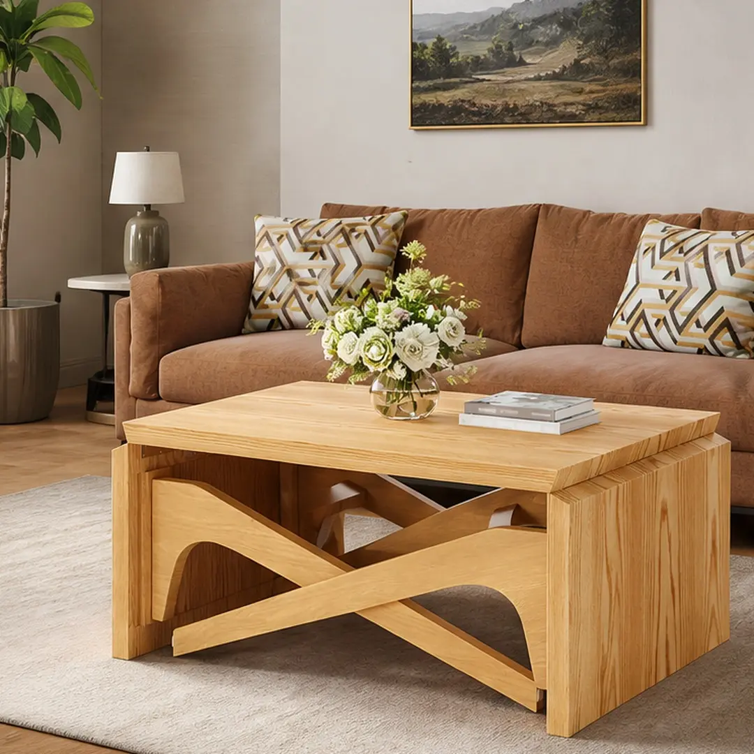 ARCH 2-in-1 Transformer Coffee Table Expandable Dining Table Variable Height Adjustable Natural Rubber Wood Living Room Furniture Space-Saving Multi-Functional Table for Small Apartments Home Office Use, Natural Color Options, Rubber Wood Material
