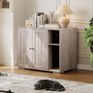 Dog-Proof Large Cat Litter Box Enclosure with Power Outlet & Mark Pad – Hidden Cabinet for Self-Cleaning or Automatic Litter Boxes – Indoor Cat House Furniture