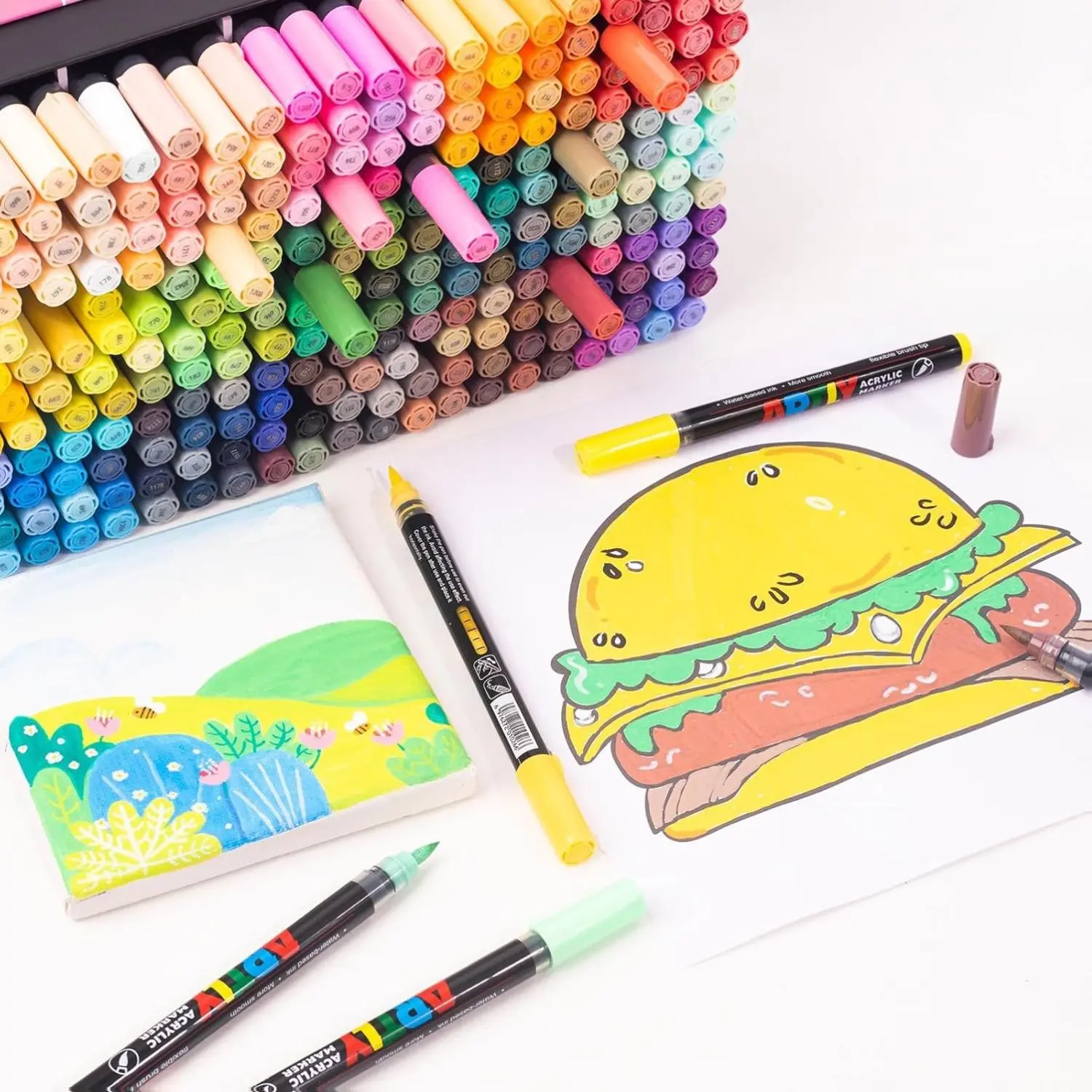BIA Acrylic Brush Marker Set - Vibrant Waterproof Office Stationery Writing Tool with Smooth Brush Tip, Art Materials, Crafting Supplies, Assorted Colored Markers & Highlighters for Painting, Coloring Projects