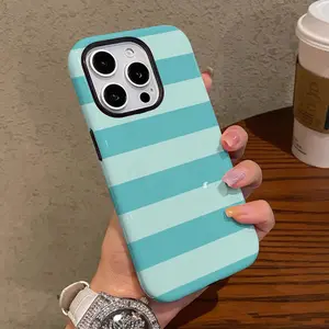Blue-Green Striped Stylish Design Phone Case for Iphone 16 Pro Max, 15 Pro, 13, 11, 12, XS, 8 Plus, And 7, Glossy 2-In-1 Case.