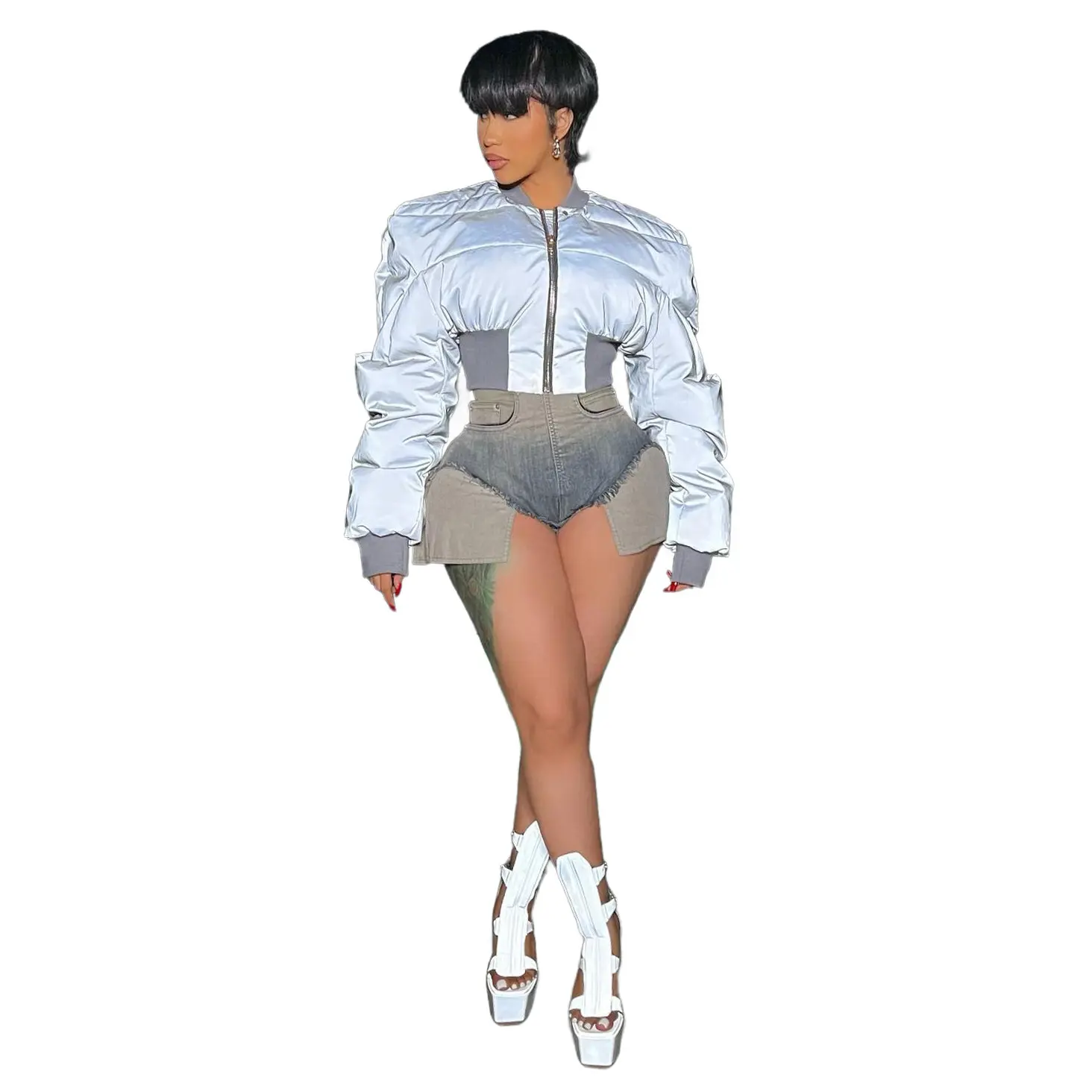 Structured Silver Bomber Jacket & Denim Hybrid Shorts Edgy Futuristic Street Style Essential Nylon Material Versatile Trendsetter Outfit