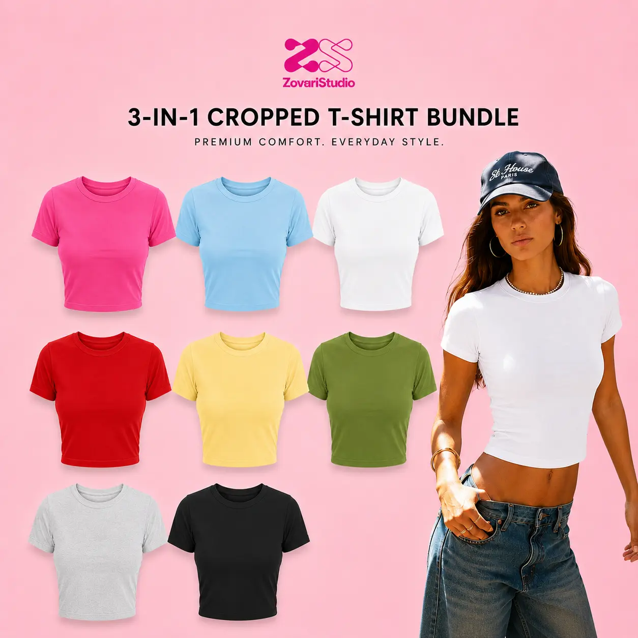 Women’s 3-Pack Cropped T-Shirts, Slim Fit Short Sleeve Crew Neck Stretchy Basic Tops, Casual Summer Everyday Tee Bundle