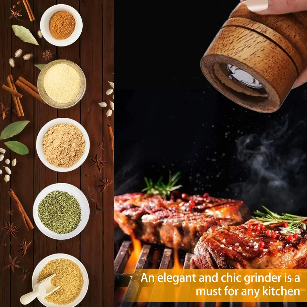 2Pcs 8in Oak Wood Salt & Pepper Grinders Set, Adjustable Ceramic Grinding Mechanism, Refillable Sealed Seasoning Canister with Cover & Smooth Rack, for Kitchen Camping BBQ
