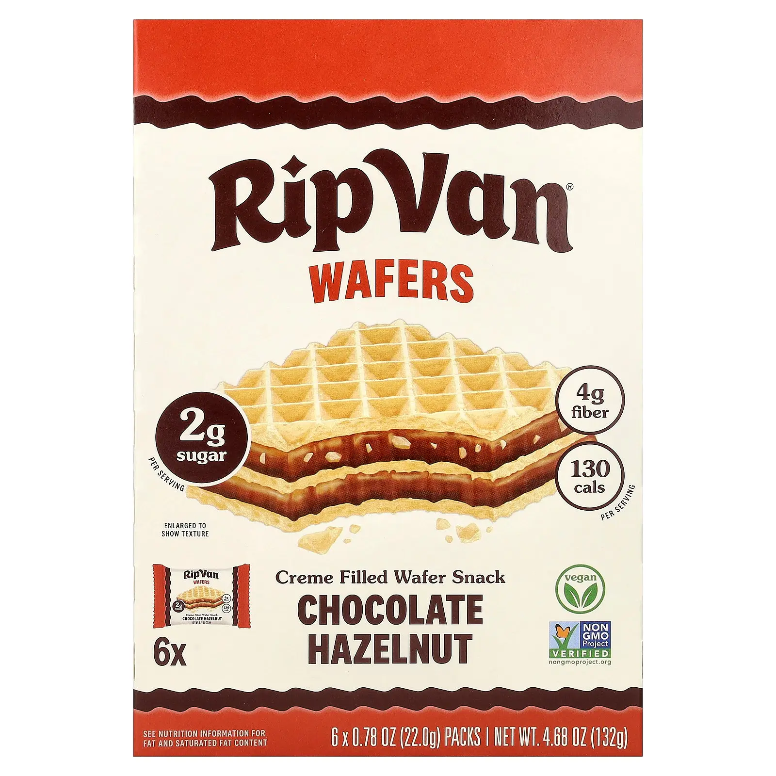Rip Van Wafels Creme Filled Wafer Snack, Chocolate Hazelnut, 6 Pack, 0.78 oz (22 g) Each