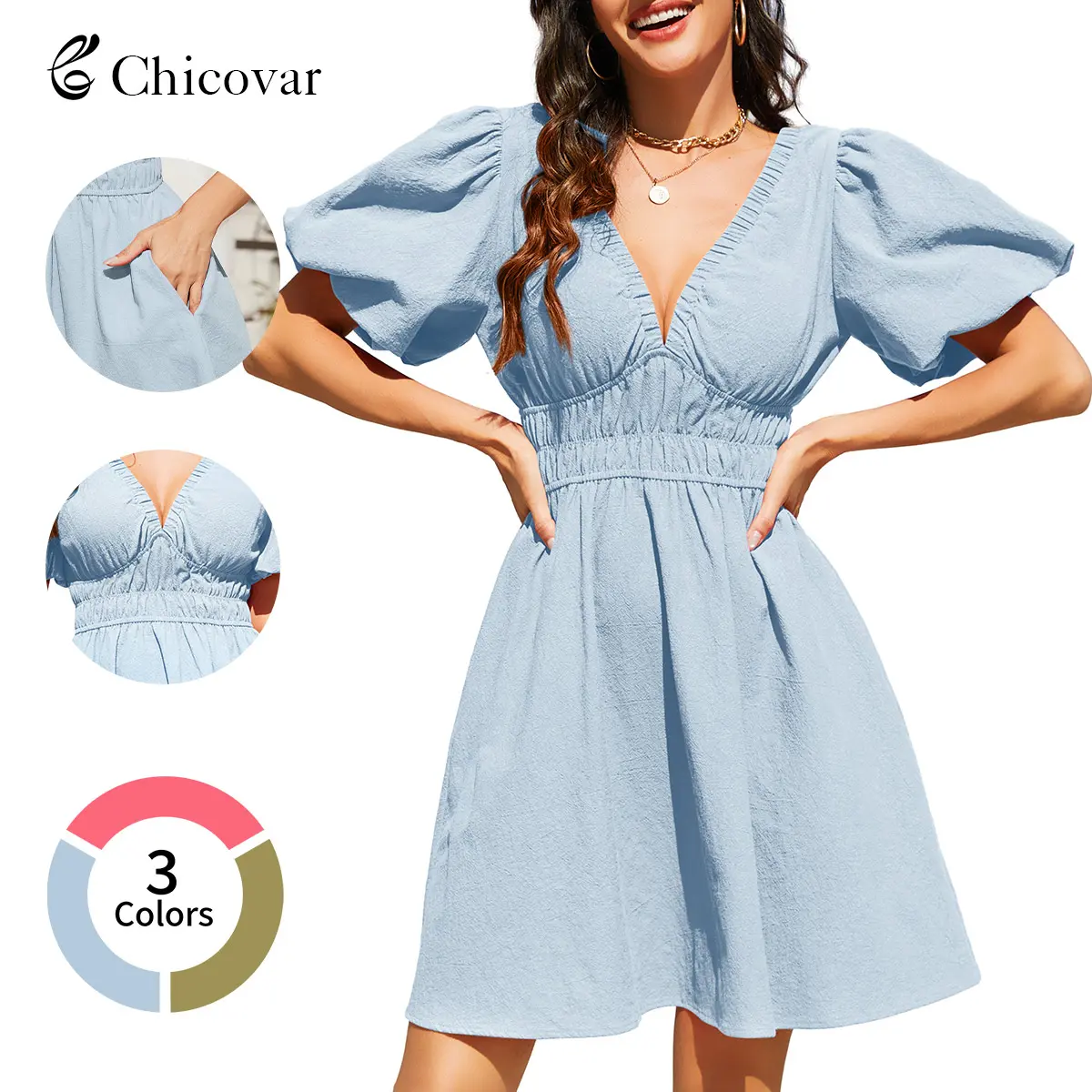 Chicovar Boho Summer Mini Dress for Women, Deep V Neck Puff Sleeve Smocked Waist, Flowy Cotton Textured Dress with Pockets, Casual Outfit for Vacation, Party, Church & Daily Wear, Summervibes, Fashion