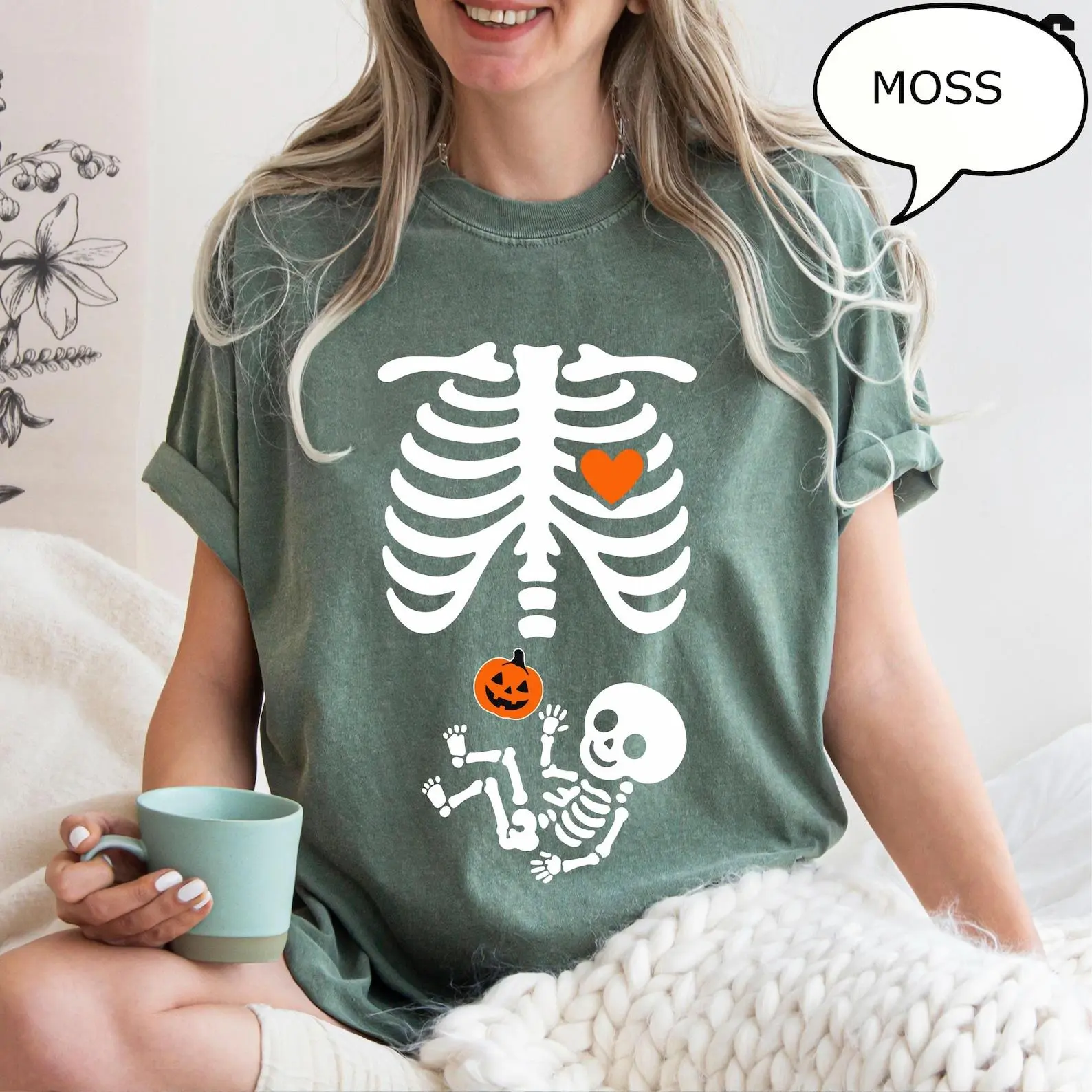 Comfort Colors® Skeleton Halloween Maternity T-Shirt, Skeleton Pregnant Shirt, Pregnant Halloween Shirt, Pregnancy Announcement T-Shirt