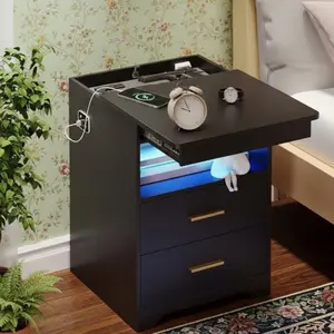 Miuvanity Nightstand Gun Drawer with USB & Type-C Port, LED Light, Modern Design for Office & Bedroom Storage, Includes Charging Station Bedside Table