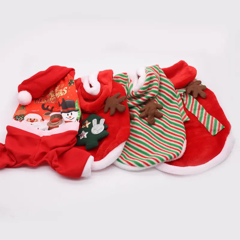 Christmas Dog Cat Costume Set, Cute Reindeer and Santa Flannel Outfit with Hat, Soft and Warm Holiday Dress Up Apparel for Small Dogs and Kittens, Comfortable Festive Pet Clothes for Christmas Party Photoshoot