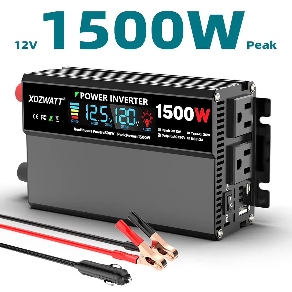 1500W Peak Power Inverter Pure Sine Wave 12V to 110V 120V with 36W Type-C Port, 5V/3A USB Port, LCD Screen Display