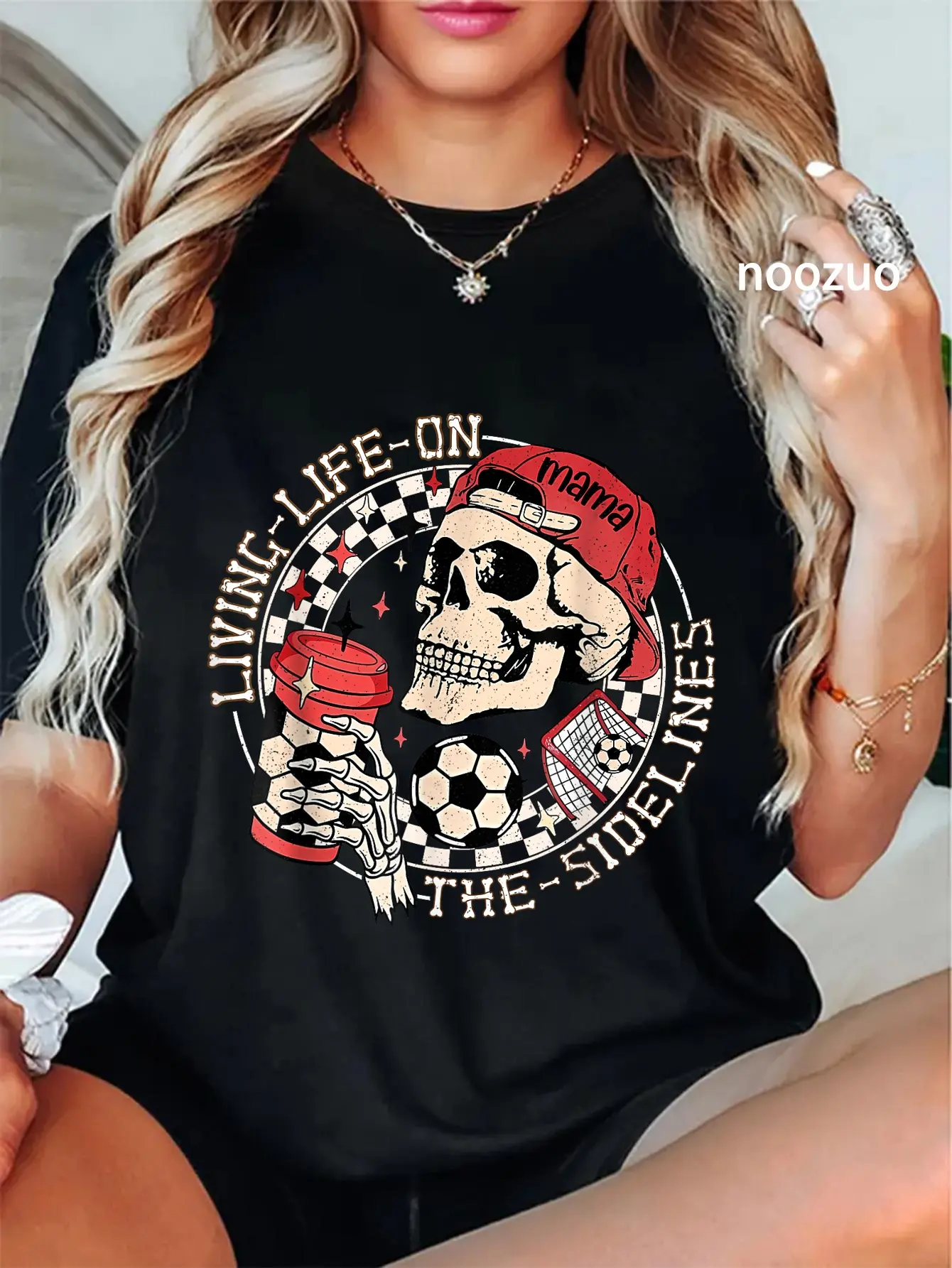 Women's Soccer Mama Graphic T-Shirt, Funny Skeleton Living Life On The Sidelines Print, Casual 100% Cotton Round Neck Tee, Everyday, Tshirt, Vintage, Playful Skeleton, Top, Soccer Mama Fun, Funny Vibes, Streetwear