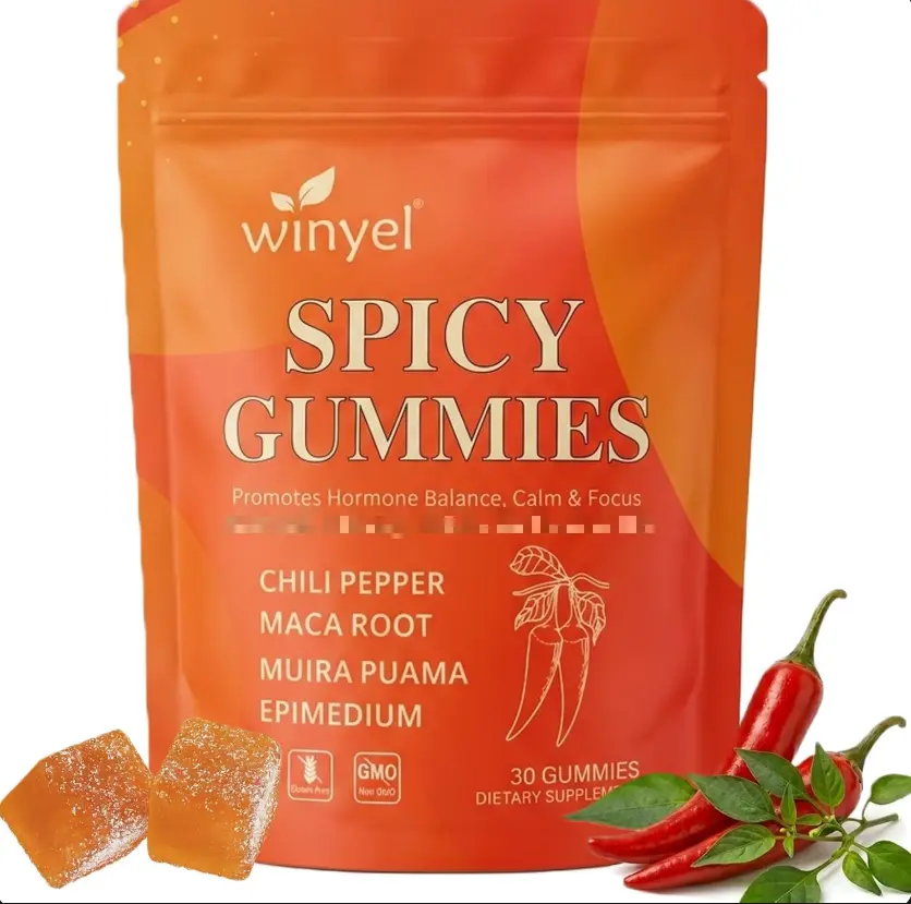 Spicy Gummies Cubes - Hot Peach Flavor Herbal Supplement with Chili Pepper, Maca Root, Muira Puama for Energy, Mood Support Spicy Vegan Peach Gummies stress management