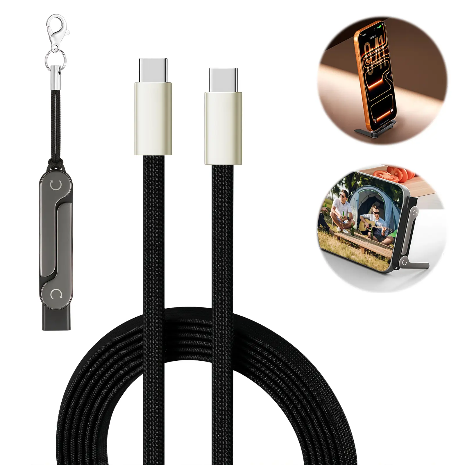 240W Fast Charging Dual-Port Charger with Cable, Includes Hidden Phone Mount, Rotatable 2-in-1 Long Flat Black Cable, Ideal for Gaming and Travel, Portable Charger, Compatible with iPhone, Samsung, and Lightning Connectors, Universal USB-C Cable,