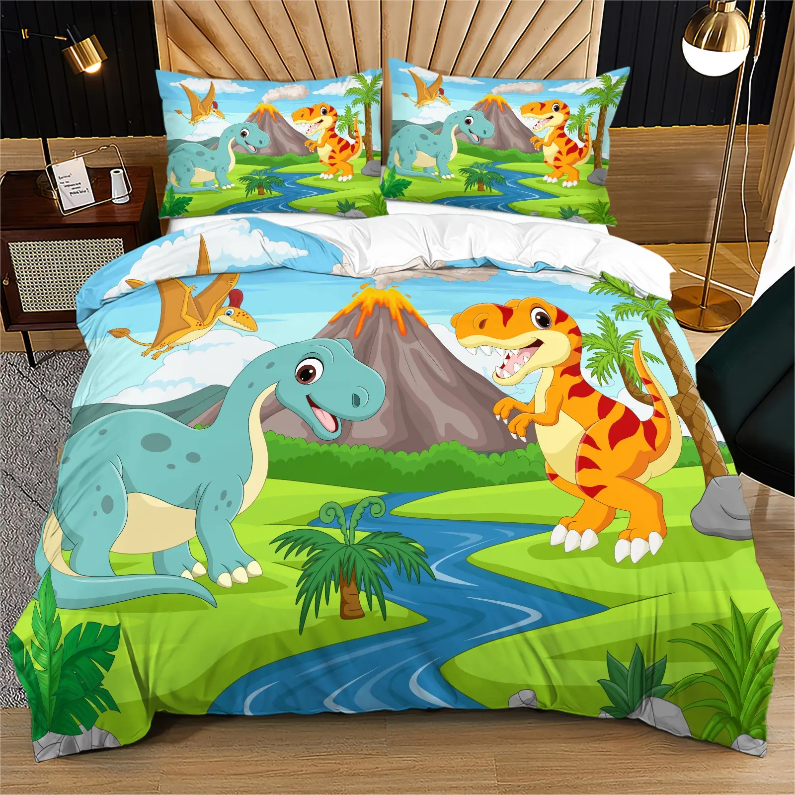 Cute Cartoon Dinosaur Bedding Set 2/3 Piece, Soft Comfortable Fabric, Bright Colorful Design, Perfect Gift & Bedroom Decor, Bedsheet Sets, Printed Bedding Set
