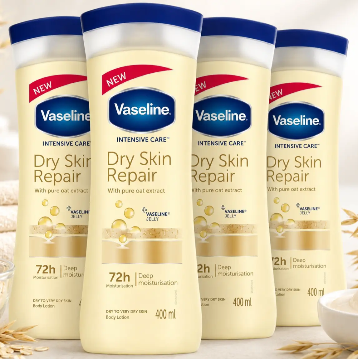 Vaseline Intensive Care Dry Skin Repair Lotion Value Bundle (400ml / 13.5oz) Cream with Pure Oat Extract and Vaseline Jelly for 72-Hour Deep Body Moisturizer Multipack Set