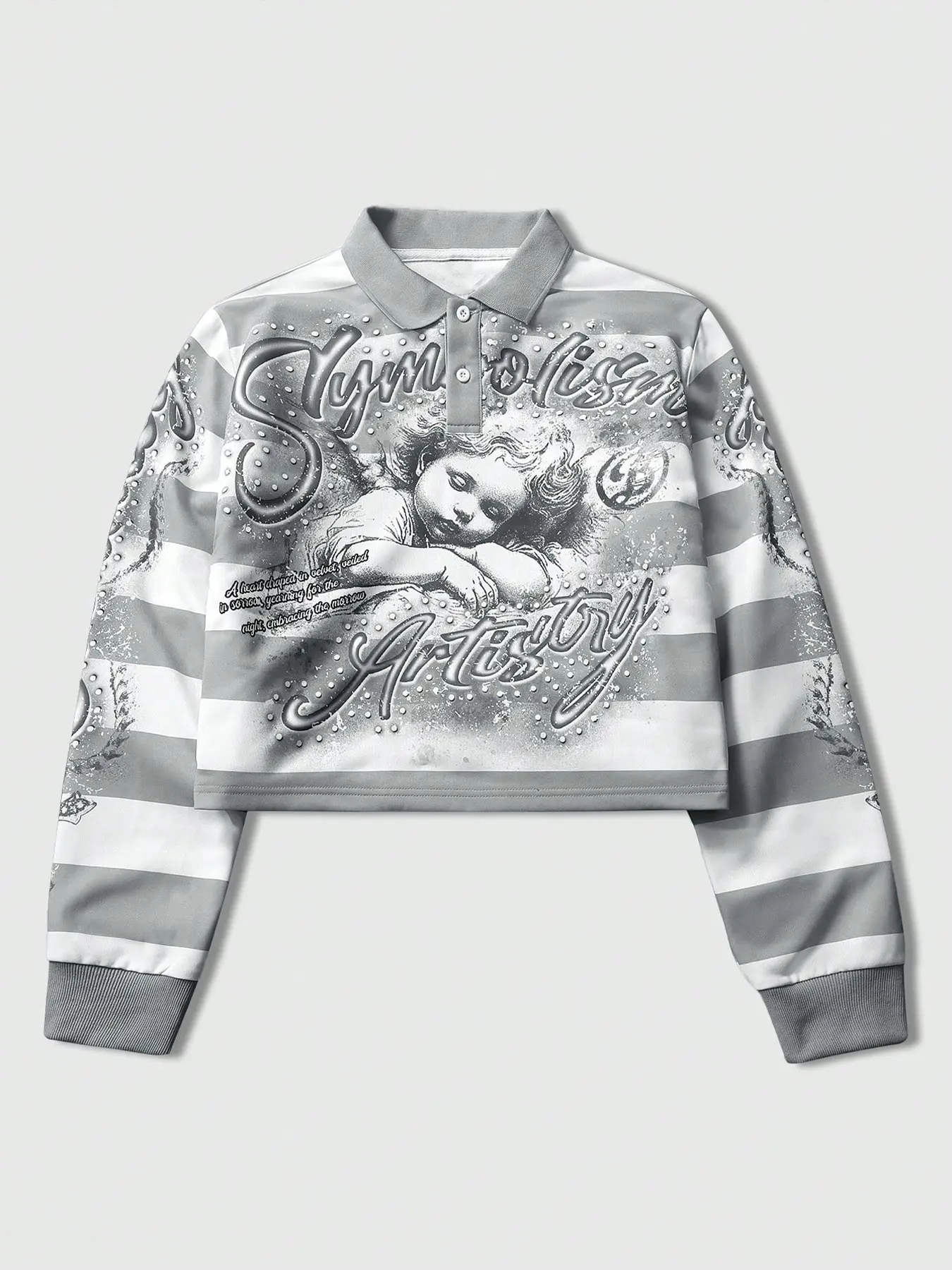 Y2K Vintage Airbrush Angel Graphic Striped Polo Sweatshirt for Men/Women - Oversized Streetwear Long Sleeve Top with Cross Detail - Aesthetic Harajuku Pullover for Casual Street Style & Parti