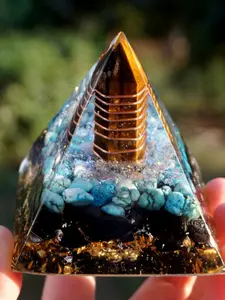 Pyramid Decor Buddha Statue Resin Figurine, Crystal and Gold Foil, Home Desktop Handmade Decoration, Unique Gift Idea