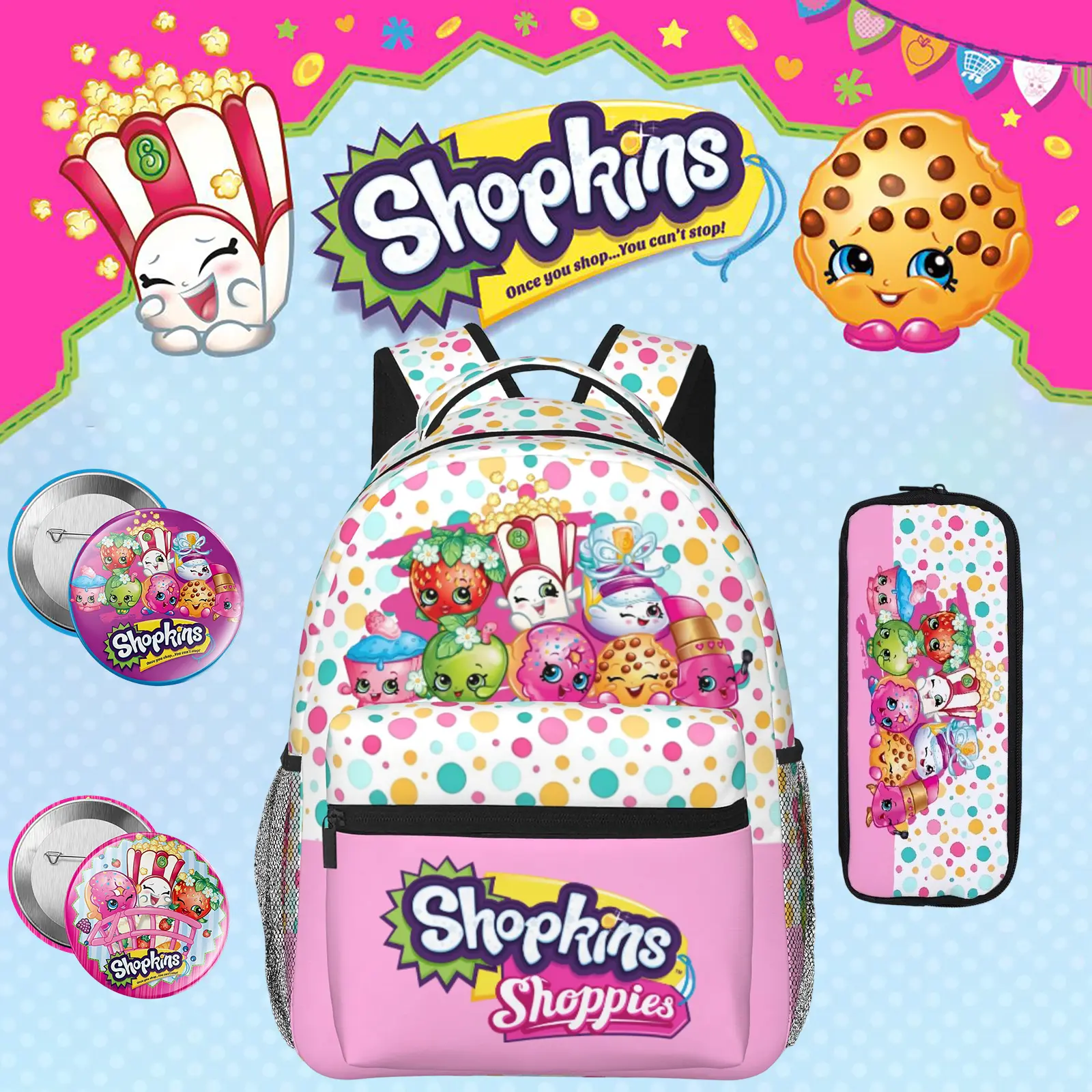 Shopkins Backpack Lightweight Shopkins cartoon School Bookbag with Padded Straps Shopkins Shoppies Student Daypack for Primary School Travel Camping