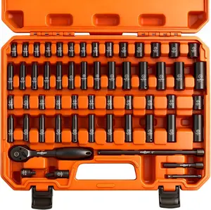 56-Piece 1/4" Drive Impact Socket Set, Standard SAE (5/32 to 9/16 inch) and Metric (4-15mm) Size, 6 Point, Cr-V, 1/4-Inch Drive Ratchet Wrench, Drive Extension Bar, Impact Universal Joint