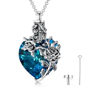 MEIDERBO Jewelry Rose/Lotus Urn Necklace 925 Sterling Silver Heart/Teardrop Crystal Memorial Jewelry Pets and Family Memorial Necklace for Women