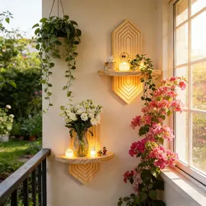 Handmade Wooden Hexagonal Floating Shelf, Wall-Mounted Geometric Storage Rack, Bohemian Home Decor, Plant Holder, Candle Stand, Small Items Organizer