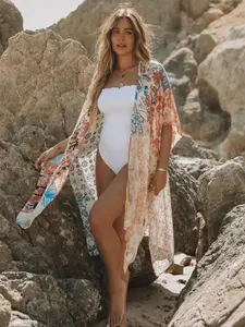 2026 Women's Floral Print Drop Shoulder Cover Up, Casual Long Sleeve Split Hem Open Front Cover Up for Beach Holiday Vacation Outdoor, Ladies All Seasons Clothes, Swimsuit Cover Ups, Swimwear Cover Up