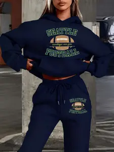 Women's Hooded Sweatshirt Set, Sportswear Set, Athleisure Outfit, Fall Winter Warm, Seattle Rugby Sunday Print, Vintage Sports Style, Street Casual, Fitted Design