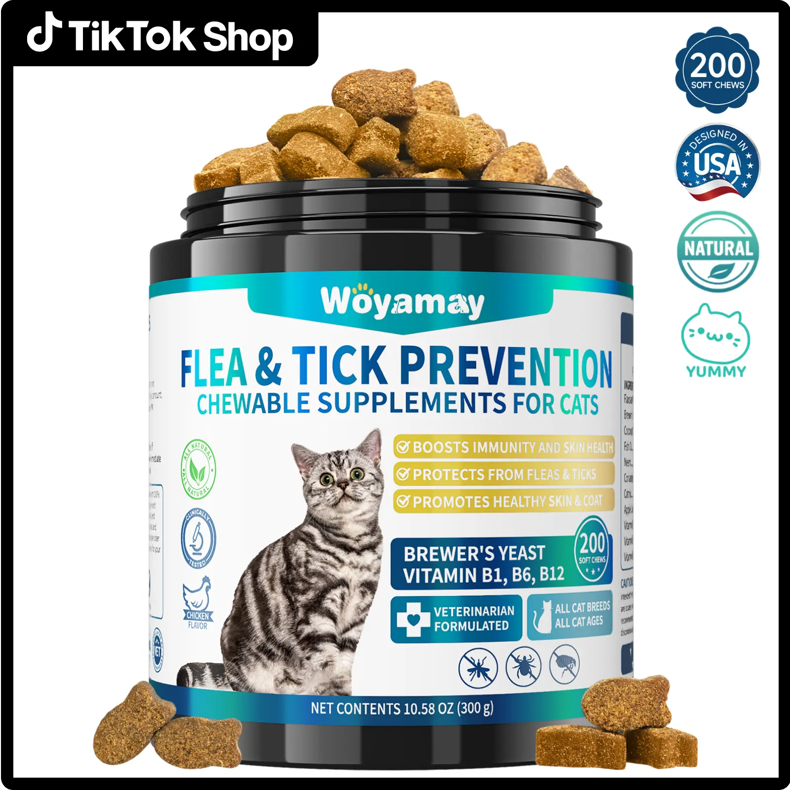Woyamay Flea & Tick Repellent for Cats, 200 Soft Chewables Natural Flea and Tick Defense with Omega-3 and Vitamin, Daily Use Flea and Tick Protection for Kitten , Chicken Flavor No Flea Collars #DealsForYouDays #SummerWins