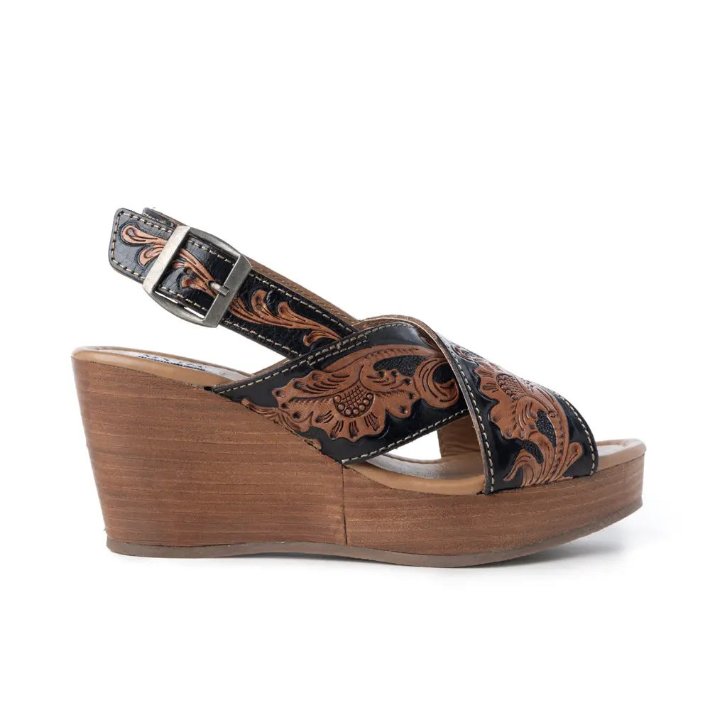 Women's Western Wedge Sandals - Hand-Tooled Leather Peep Toe Heels with an Adjustable Buckle and EVA Foam Comfort, Classic, Design