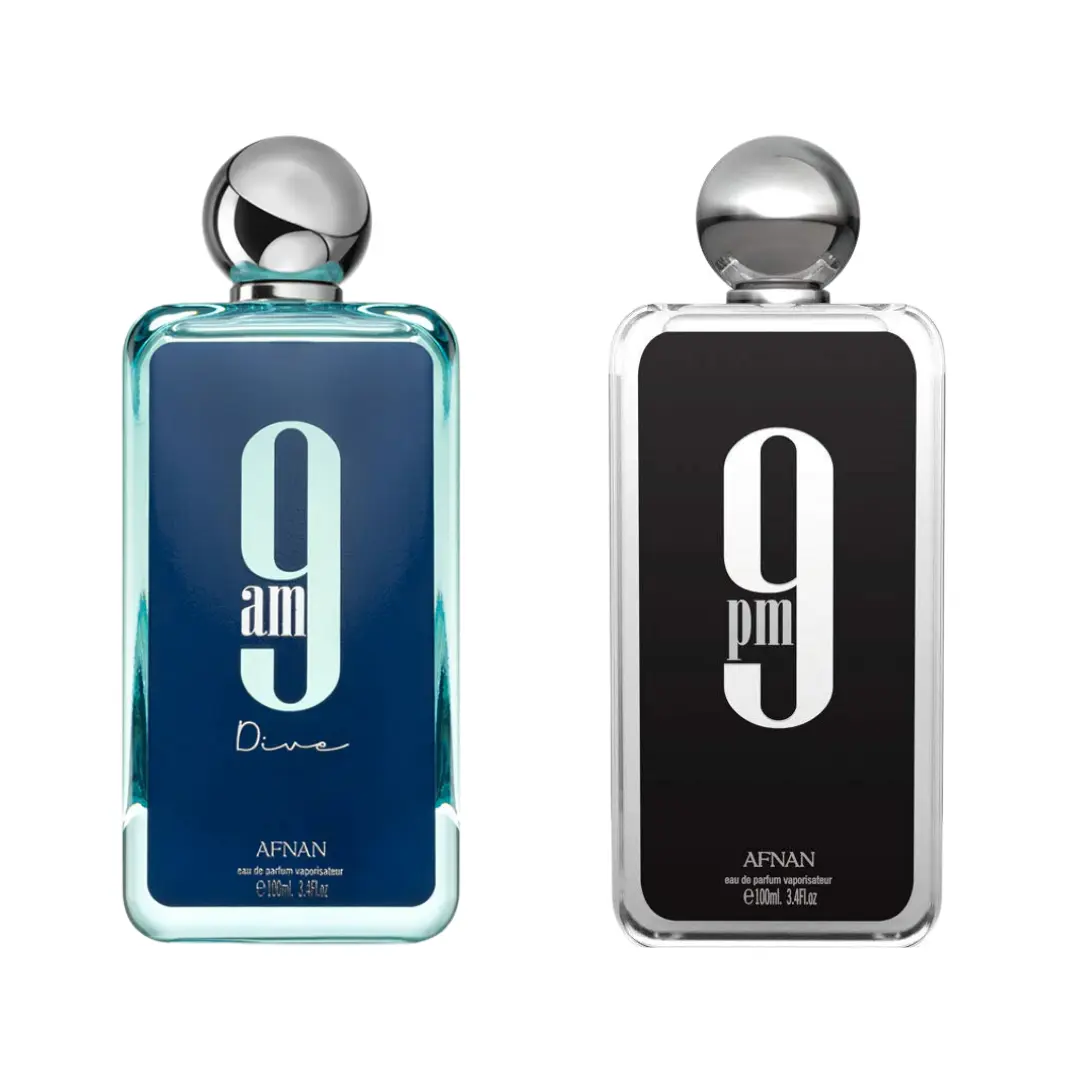 Afnan 9AM DIVE & 9PM Dual-Scents Gourmand Luxury Limited Edition Alcohol-Based Men's Colognes Gift Set, 2PC 3.4oz(100ml) Multi-Pack with Lemon Mint, Cinnamon, Bergamot, Patchouli, Cedar, Jasmine, Vanilla Notes, Ideal Gifts for Boyfriends, Fragrances, Frag