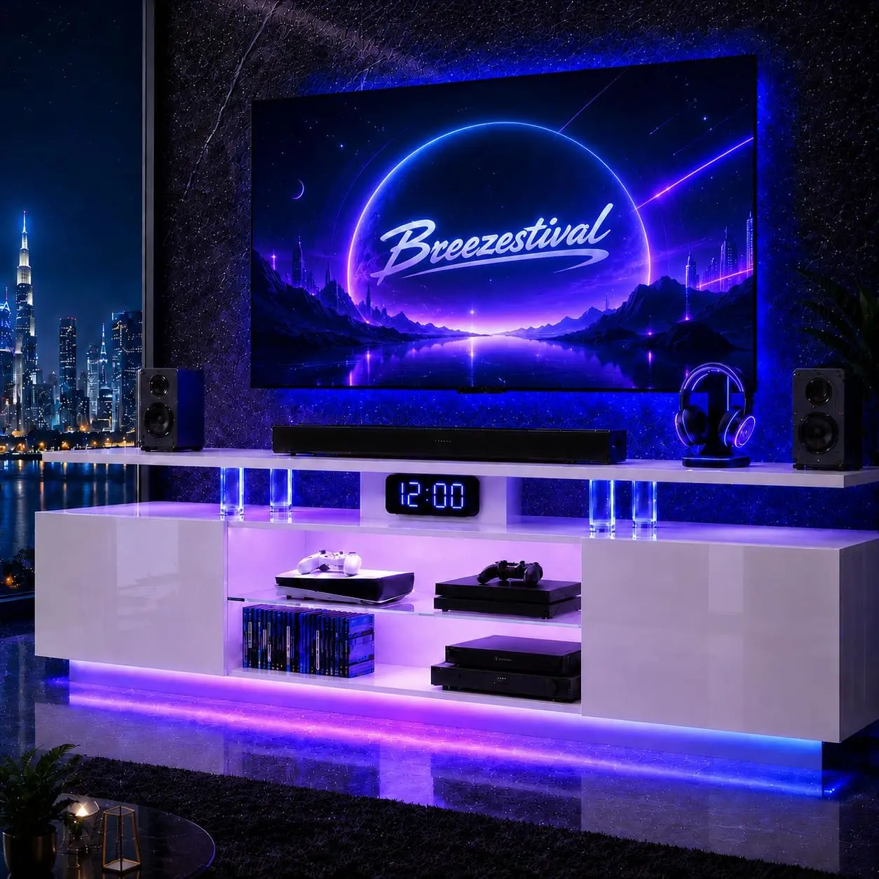 Aoxun 70” High-Glossy TV Stand with 2 Side Cabinets, Modern Stylish TV Console with 3 Layer LED Lights,Gaming TV Media Console with Adjustable Glass Shelf, Remote&APP Control