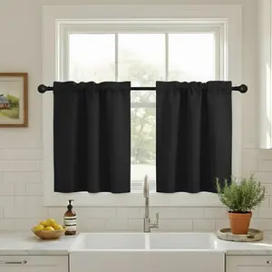 NICETOWN Short Curtains Half Window Curtains for Bedroom, Privacy Rod Pocket Energy Saving Window Covering for Bathroom Office RV Camper, 34 x 36 inches Long per Panel, Black, Set of 2