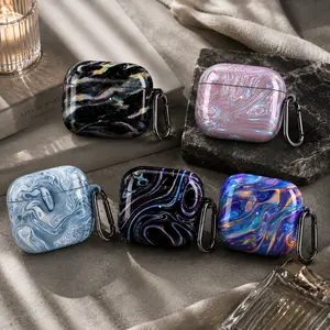 Holographic Marble AirPods Pro Case, Iridescent Chrome Earbud Cover with Keychain, Liquid Swirl AirPods 4 Case, Luxury Gift for Her Him