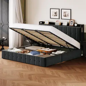 YJ-Garvee Upholstered Velvet Bed Frame with Lift-Up Storage King Queen Full Sizes Black or Grey LED Lights Charging Station Hydraulic Lift System Anti-Falling Devices Sturdy Wooden Slats Solid Steel Frame