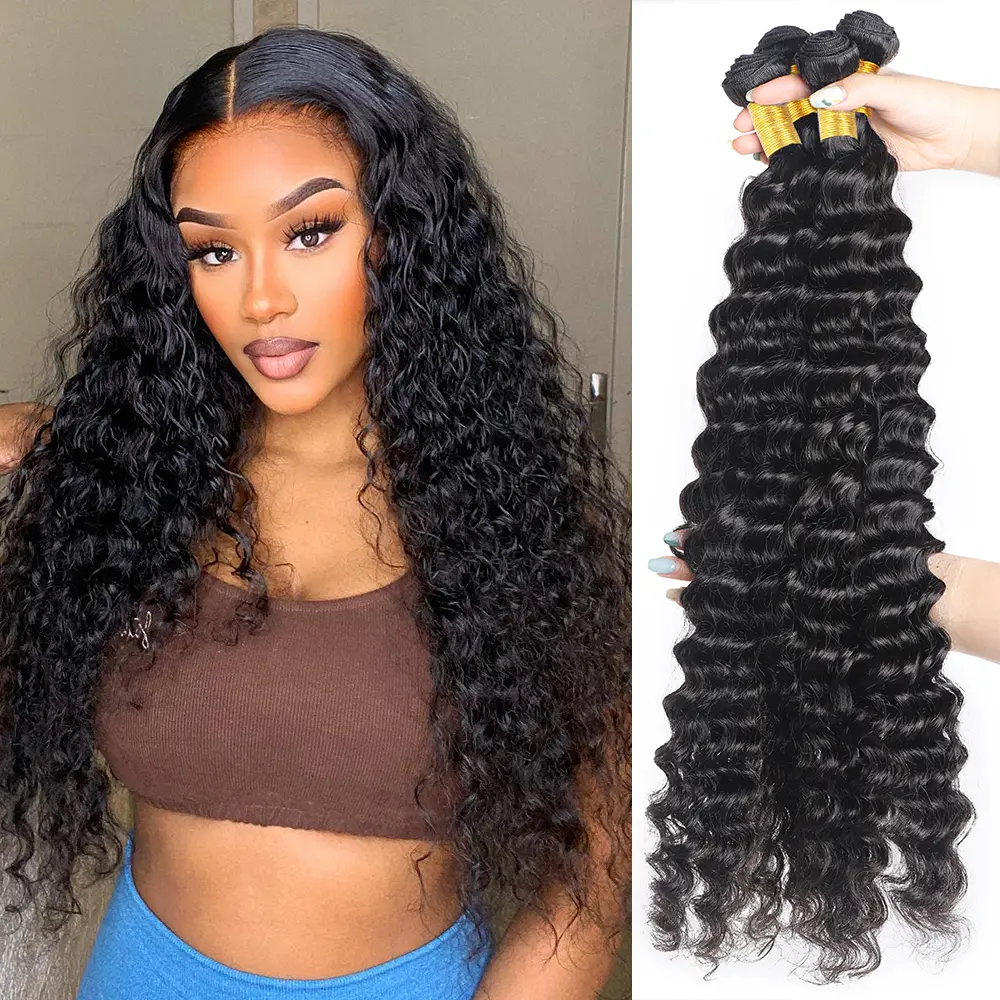 Brazilian Deep Wave Bundles 30 inch Deep Curly Human Hair Weave 3/4 Bundles Salon Quality Hair Bundles For Sew In