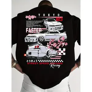 180g[100%cottoMen's Oversized JDM Tokyo Racing T-Shirt, Skyline R33 Car Graphic Tee with Cherry Blossom, Japanese Streetwear Short Sleeve Top, Vintage Automotive Casual Shirt for Men, Trending 2026 TikTok Viral Street Speed Fashion, Breathable Workout Tee
