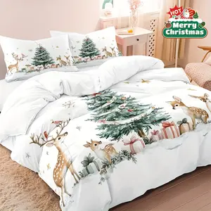 3-piece cartoon Christmas bedding, Decorative Bedding Set, winter Christmas tree reindeer snowflake print quilt cover (1 * quilt cover + 2 * pillowcase, no core), super soft breathable, bedroom Christmas gift home decoration
