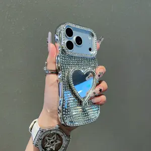 Wavy Edge Full-Diamond Heart Mirror Stand Phone Case| Electroplated diamond-studded anti-drop protective case| Compatible with iPhone 17/16 Pro Max